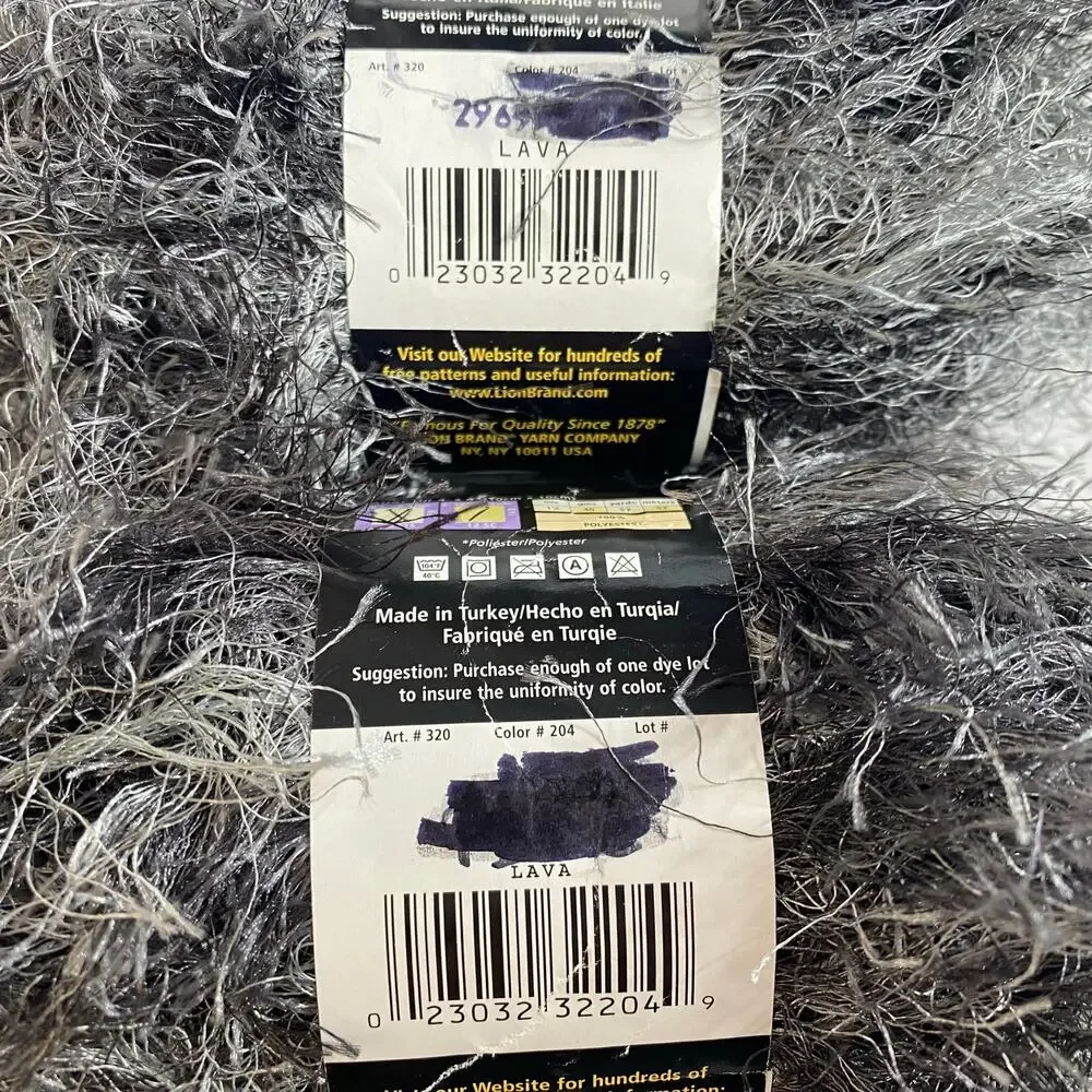 Lot Of 2 Lion Brand Fun Fur Prints Eyelash Yarn #204 Lava Black White Gray NWT